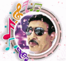 a man wearing sunglasses is surrounded by music notes and petals