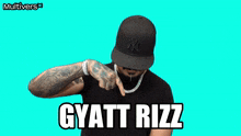 a man wearing a ny hat and a necklace with the name gyatt rizz on it