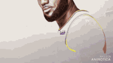 a man with a beard is wearing a white shirt that says lebron