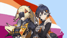 two anime characters are standing next to each other with one wearing a t-shirt that says ' tokyo ghoul ' on it