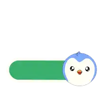 a blue penguin sits next to a download button