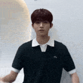 a young man wearing a black shirt with a white collar and a lacoste logo on it