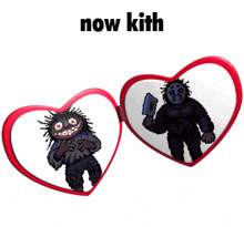 a couple of heart shaped mirrors with the words now kith