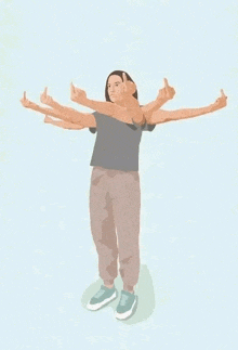 a woman is standing with her arms outstretched and giving a middle finger .