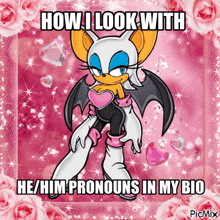 a picture of rouge from sonic the hedgehog with a caption that says how i look with he / him pronouns in my bio