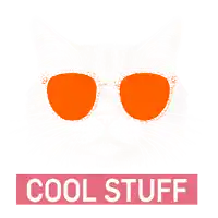 a picture of a cat wearing blue sunglasses and the words cool stuff below it