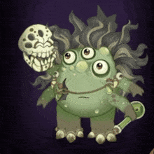 a cartoon monster is holding a skull on its arm