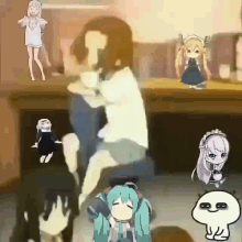 a group of anime characters are sitting around a table with a cartoon character in the middle .