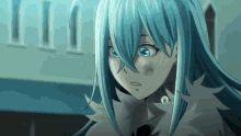 a close up of a blue haired anime character with a scar on her face