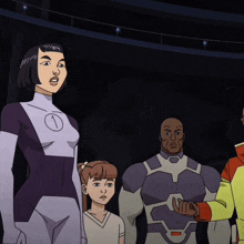 a group of cartoon characters are standing in a dark room and one of them has the number 1 on her chest