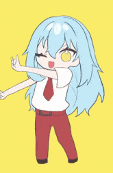 a drawing of a girl with long blue hair wearing red pants