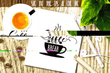 a cup of coffee on a saucer next to a sign that says coffee break