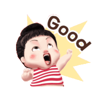 a cartoon of a girl with her mouth open and the word good above her