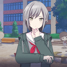 a girl with gray hair and green eyes is wearing a green jacket