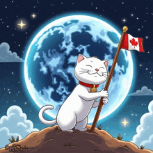 a white cat holding a canadian flag in front of the moon