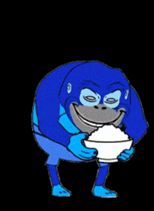 a cartoon of a blue gorilla holding a bowl of food
