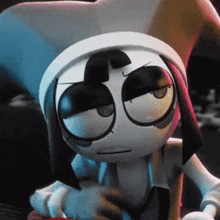a close up of a cartoon character with a serious look on his face