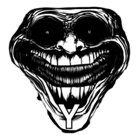 a black and white drawing of a troll face with the letter y on the bottom