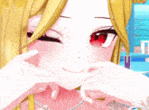 a blonde anime girl with red eyes and pearls on her neck