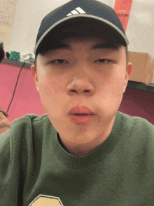 a young man wearing a black adidas hat and a green sweater