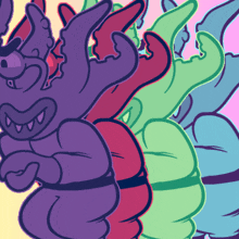 a cartoon drawing of a purple monster with a red tail