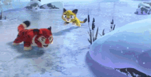two stuffed animals are playing in the snow and one is a tiger