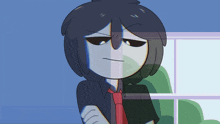 a cartoon character with black hair and a red tie looks angry