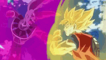 a cartoon character is fighting another character in a purple and yellow background .