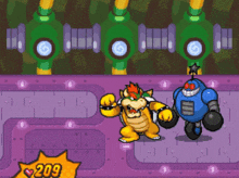 a video game screen shows bowser and a robot with the number 209 on it
