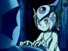a cartoon character with a blue helmet on looks at another character