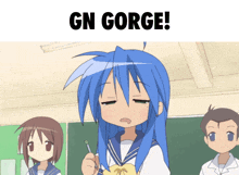 a picture of a girl with blue hair and the words " gn gorge "