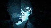 a close up of a cartoon character 's face with blue eyes