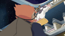 a group of people are riding a cow on a skateboard in a cartoon
