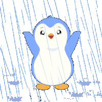 a penguin is standing in the rain with its arms up