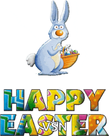 a happy easter greeting with a bunny holding an easter basket of eggs