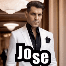 a man in a white suit and black shirt with the name jose on the bottom