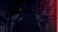 a man is walking down a dark alleyway with a sign that says baron on it
