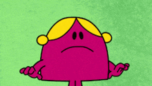 a pink cartoon character with a sad face on her face