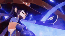 a girl in a witch 's hat is holding a blue sword in her hand .