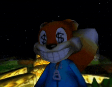a cartoon squirrel with a dollar sign on his eyes
