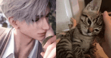 a man and a cat are sitting next to each other .