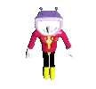 a cartoon character with a purple box on his head is walking on a white background .