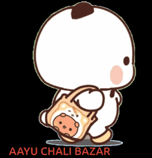 a cartoon of a panda bear holding a bag that says aayu chali bazar on it