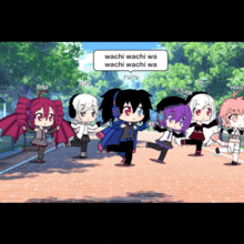 a group of anime characters standing next to each other with a speech bubble that says wachi wachi wa