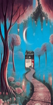 a painting of a path leading to a podcast box in the middle of a forest