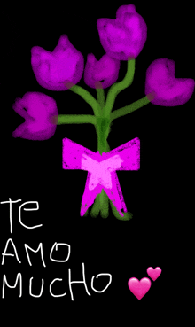 a drawing of purple flowers with a pink bow and the words te amo mucho below it