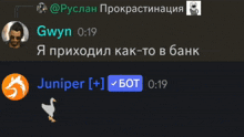 a screenshot of a conversation between gwyn and juniper with the time of 0:19