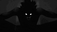 a black and white silhouette of a demon with glowing eyes and a smile .