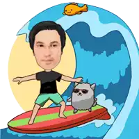 a cartoon of a man riding a wave with a cat wearing sunglasses