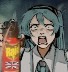 a cartoon of a girl holding a can of raid .